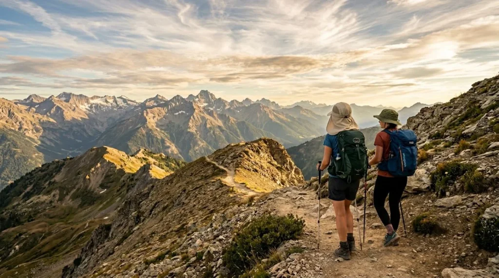 Two hikers wearing different sun hat styles standing on an alpine trail looking toward a bright mountain horizon