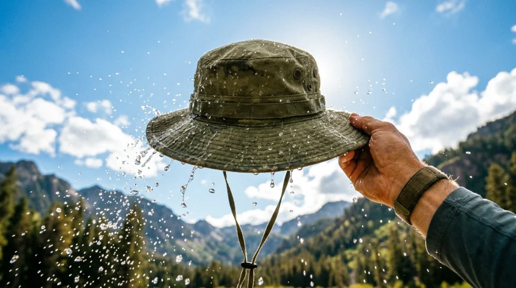 Water beading off the brim of a GearTop Navigator safari hat held against a blue sky