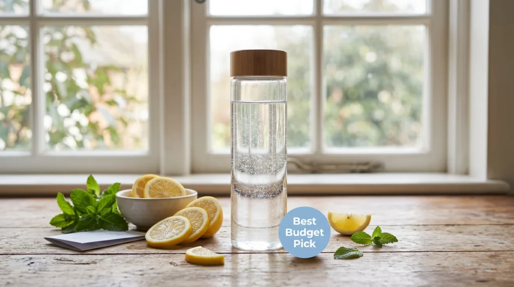 Gosoit glass hydrogen water bottle on a wooden counter with lemon slices in natural morning light