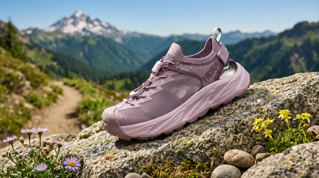 Woman wearing HOKA Hopara 2 hybrid sandal crossing a rocky creek on a summer trail