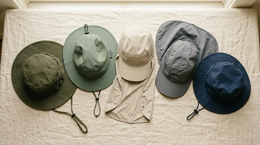 Five different hiking sun hat styles arranged in a flat lay on cream linen — boonie, brimmer, cap, legionnaire, and bucket