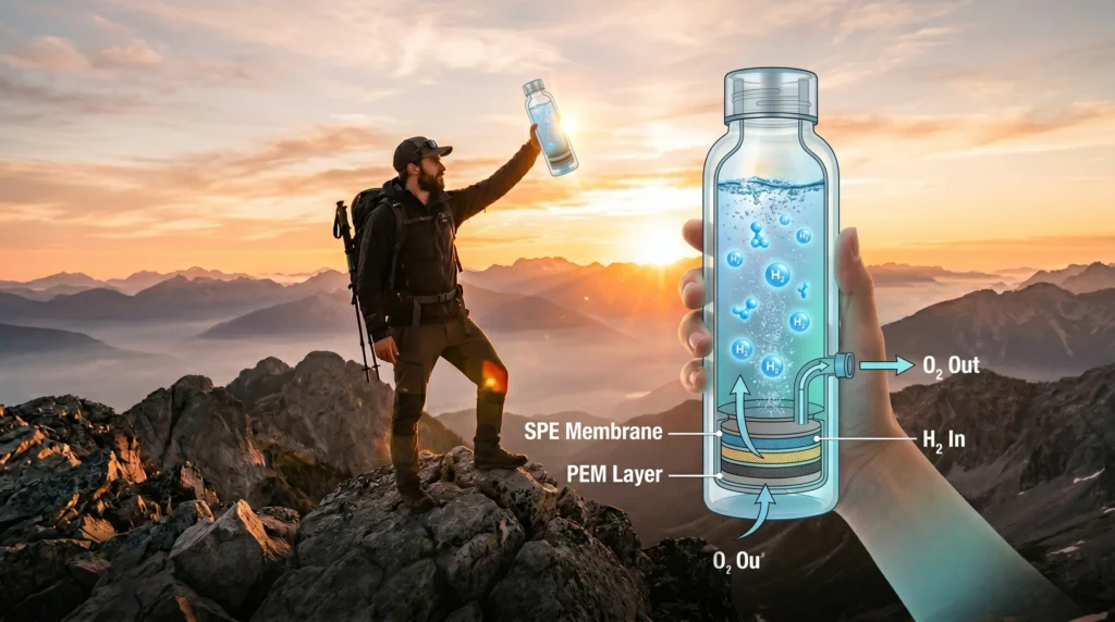 Cross-section diagram of hydrogen water bottle showing SPE and PEM electrolysis technology