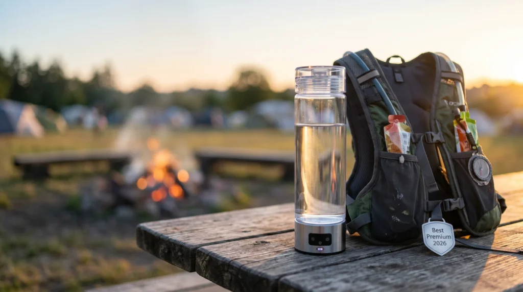 IonBottles ATOM hydrogen water bottle beside a trail pack on a camp table at dawn