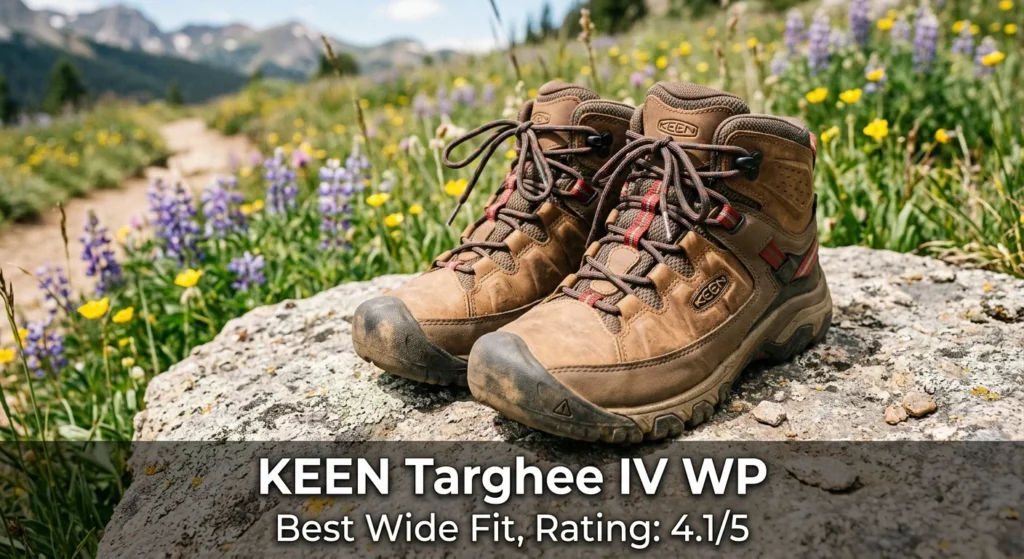 KEEN Targhee IV WP women's wide-fit hiking boots on a trailhead rock surrounded by wildflowers