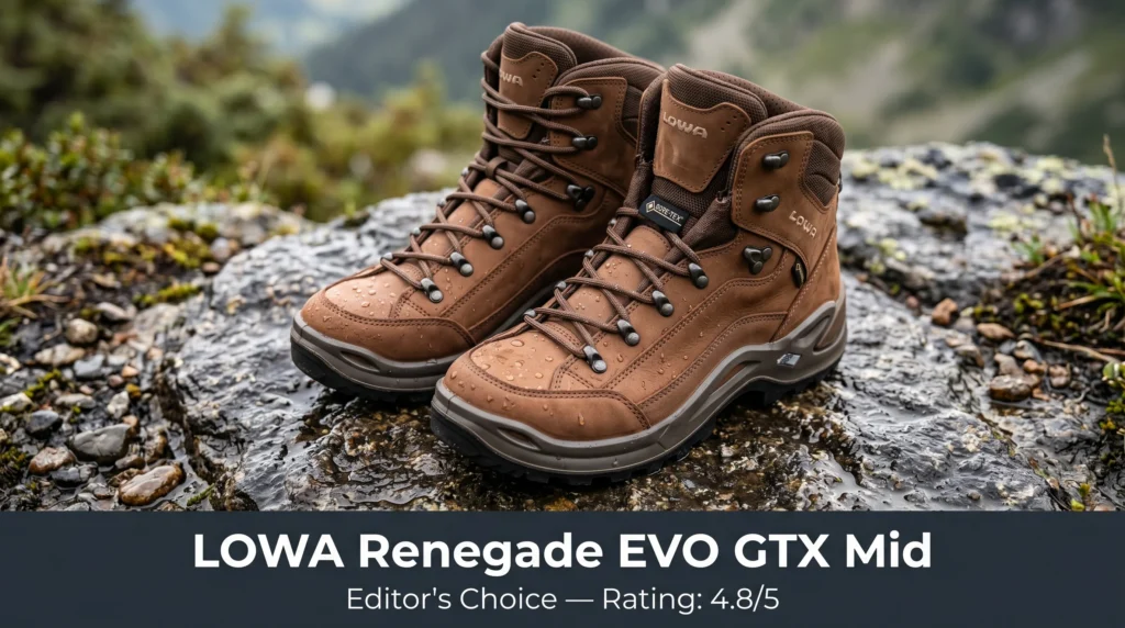 LOWA Renegade EVO GTX Mid women's hiking boot in nubuck leather on wet granite rock surface