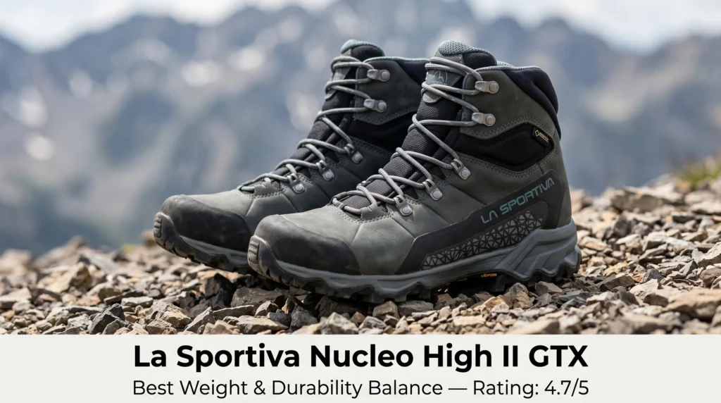 La Sportiva Nucleo High II GTX lightweight women's hiking boots on rocky mountain scree terrain