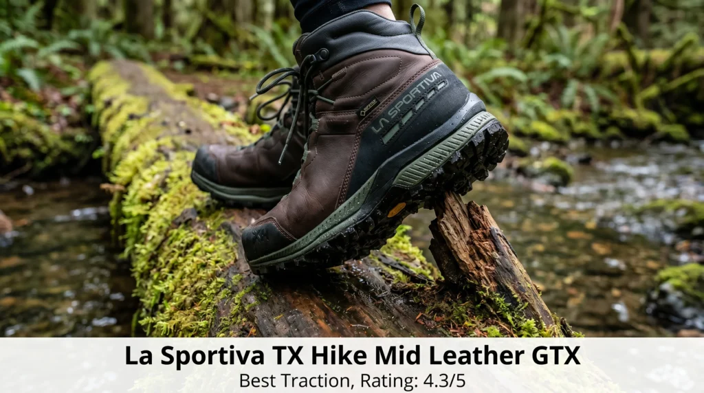 La Sportiva TX Hike Mid Leather GTX women's hiking boots on a wet mossy log, highlighting the Vibram outsole traction