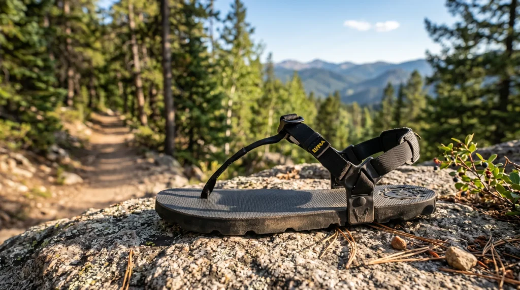 Luna Mono Winged zero-drop hiking sandal with deep lugs on a mossy forest trail