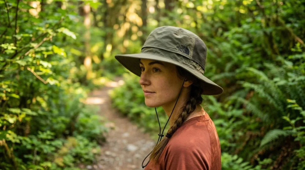 Female hiker wearing the North Face Horizon Breeze Brimmer with mesh ventilation flaps open on a forest trail