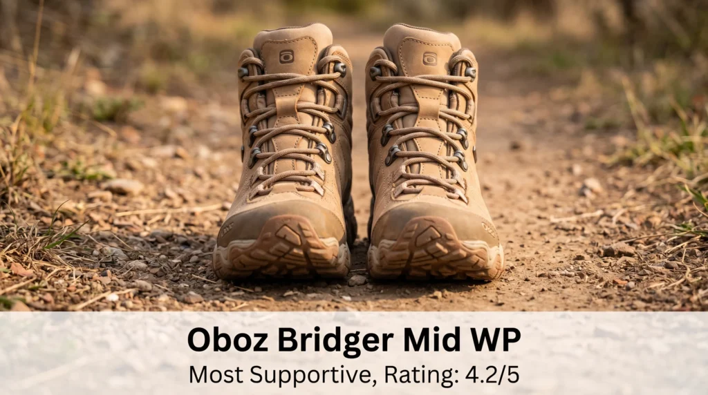 Oboz Bridger Mid WP women's hiking boots standing on a dirt trail showing deep lug outsole and high ankle cuff