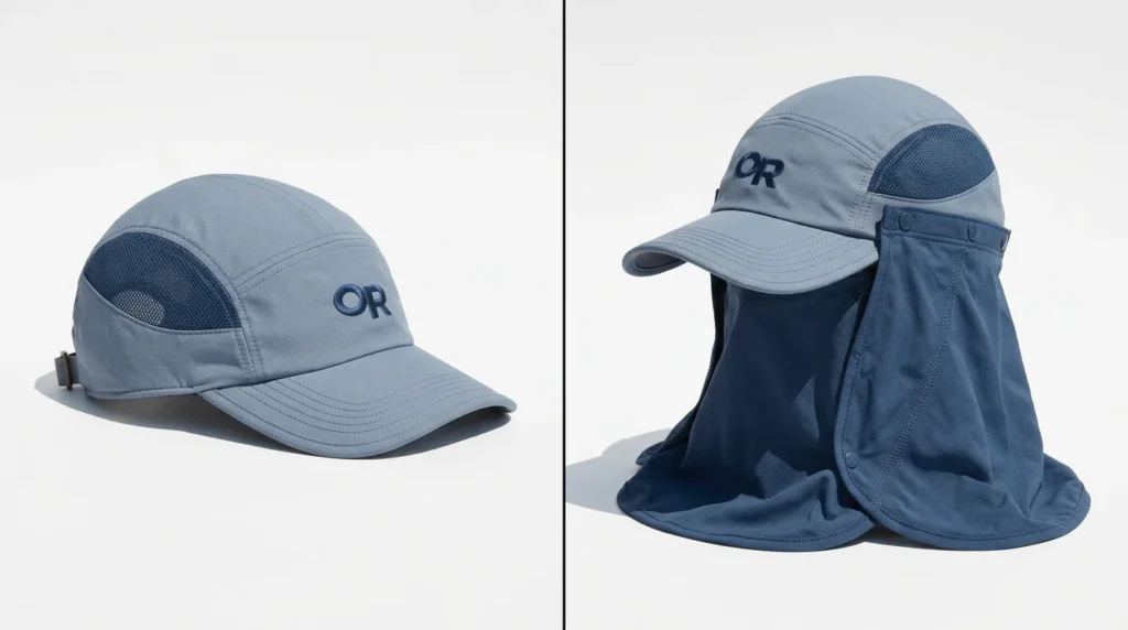 Outdoor Research Sun Runner Cap shown with and without removable neck cape side by side