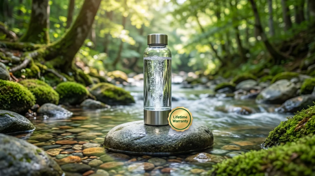 PIURIFY hydrogen water bottle on a river stone beside a clear mountain stream