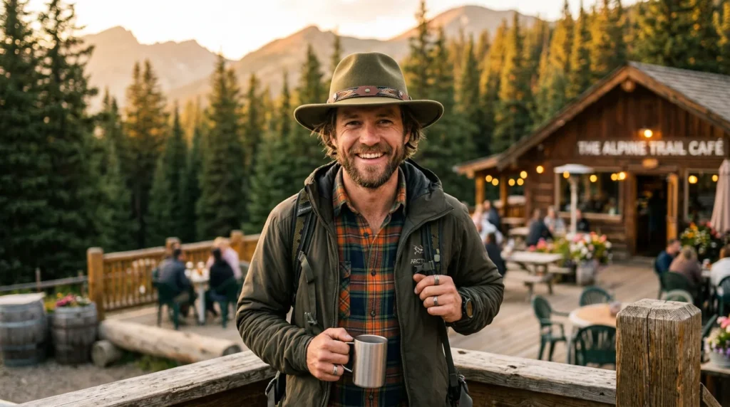 Male hiker wearing the REI Sahara Guide Hat outside a mountain café at golden hour