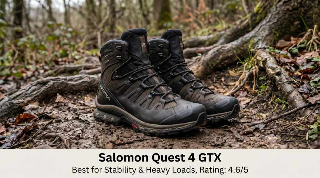 Salomon Quest 4 GTX women's hiking boots on a muddy rugged trail, showcasing ankle support and durability