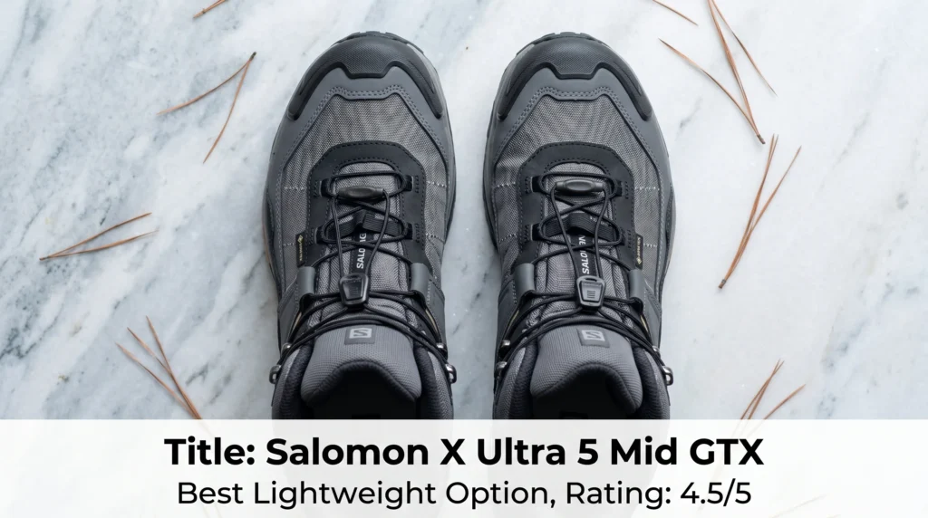 Salomon X Ultra 5 Mid GTX lightweight women's hiking boots displayed on a clean stone surface