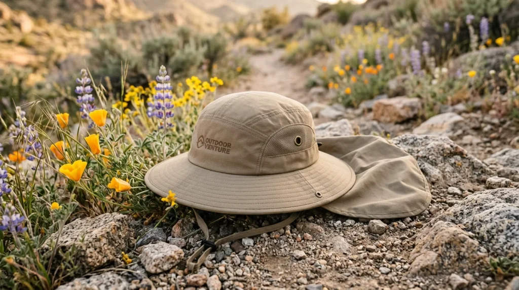 Solbari Trekker legionnaire-style sun hat resting on a rocky mountain trail