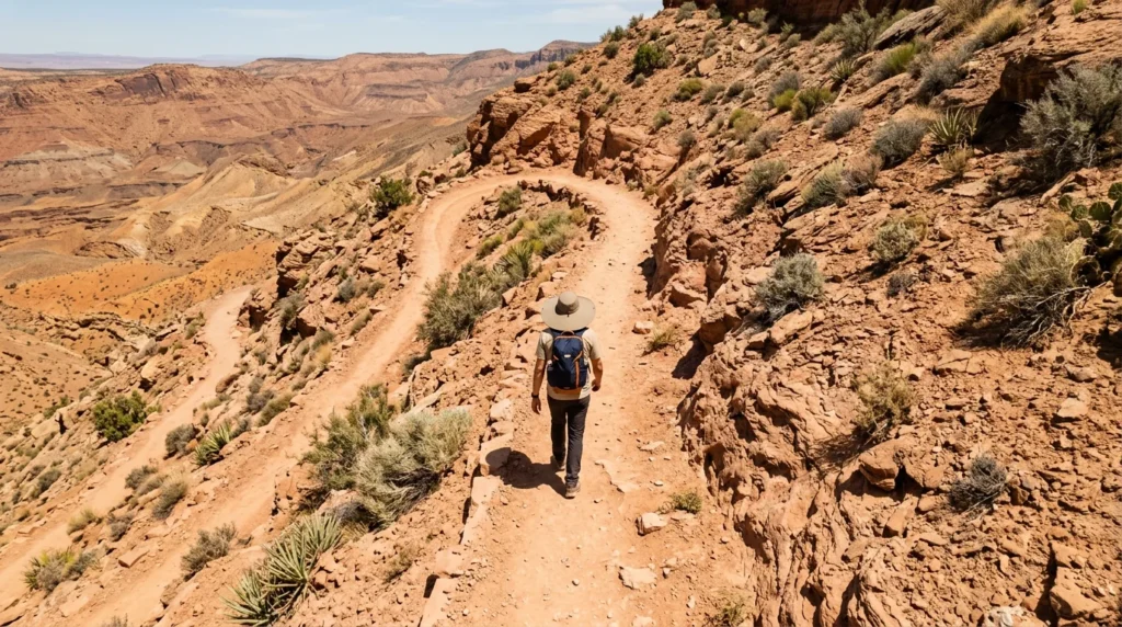 Aerial view of a hiker wearing a wide-brim Sunday Afternoons Latitude hat on a desert trail