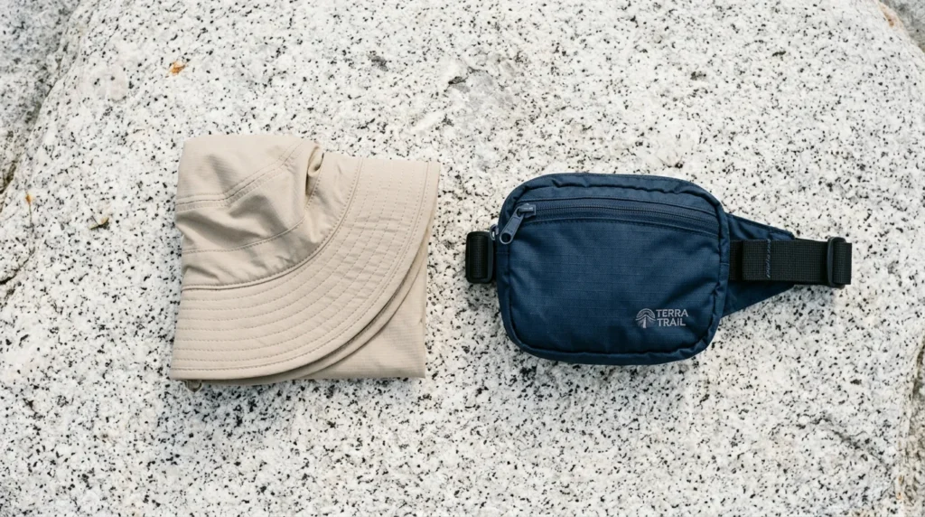 Sunday Afternoons Ultra Adventure hat folded into quarters next to a hiking daypack