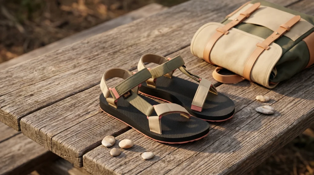Lightweight Teva Original Universal budget hiking sandal on a camp table