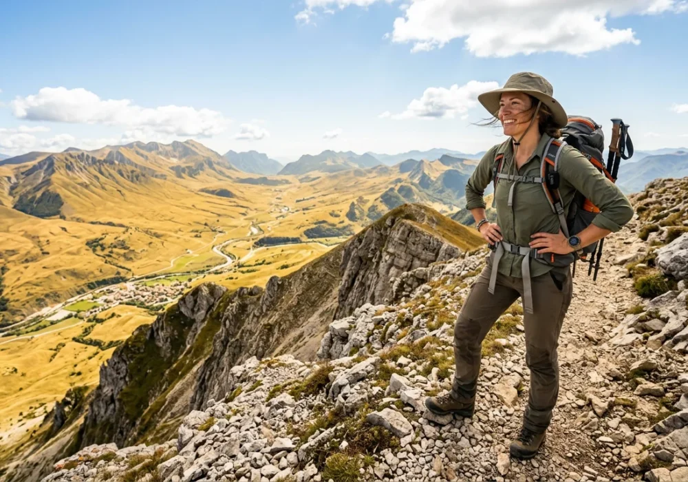 A hiker wearing a wide-brim sun hat stands on a mountain ridge under intense midday sun. Best Hiking Hats