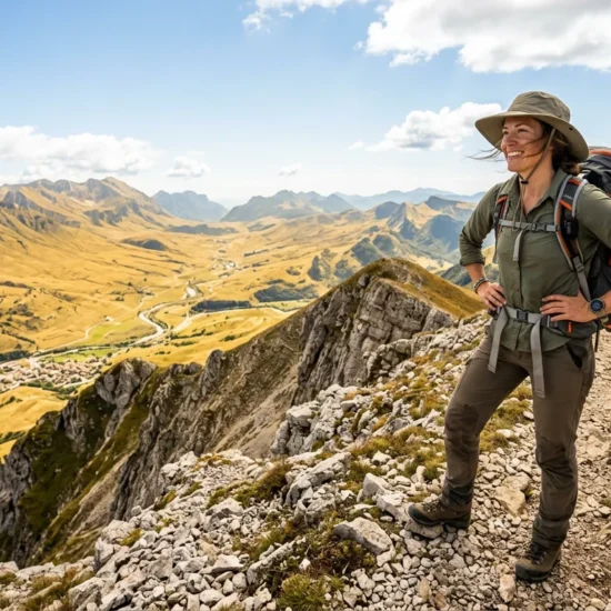 A hiker wearing a wide-brim sun hat stands on a mountain ridge under intense midday sun. Best Hiking Hats