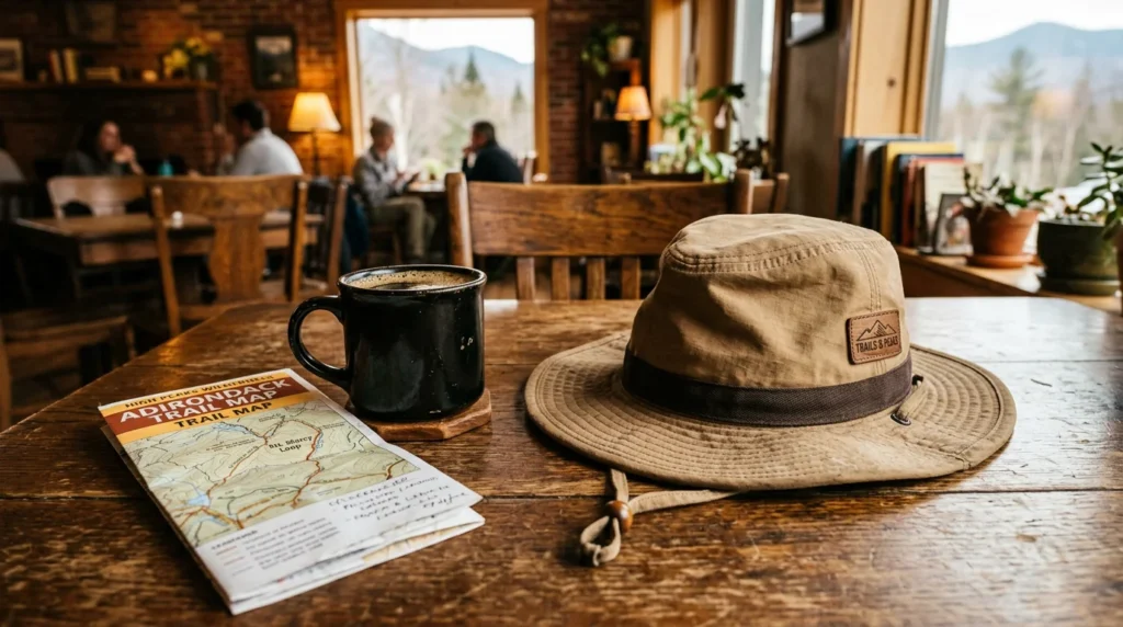 Tilley LTM6 Airflo hat on a wooden café table beside a trail map and coffee cup
