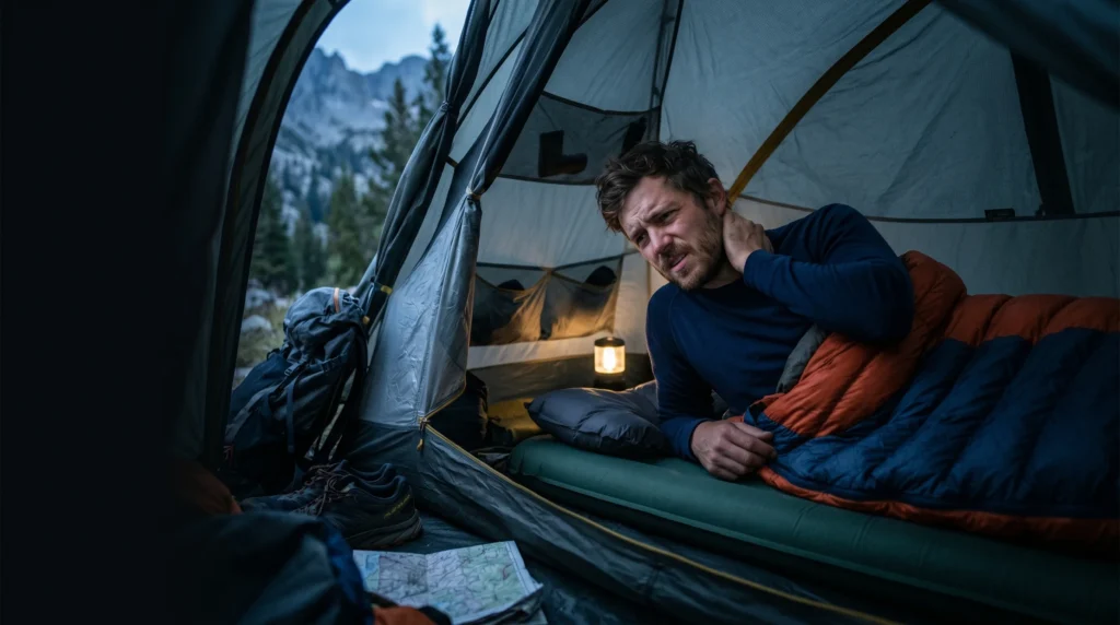 A tired camper waking up with neck pain inside a tent after using inadequate head support, illustrating exactly why you need to invest in the best camping pillows for your outdoor sleep system.