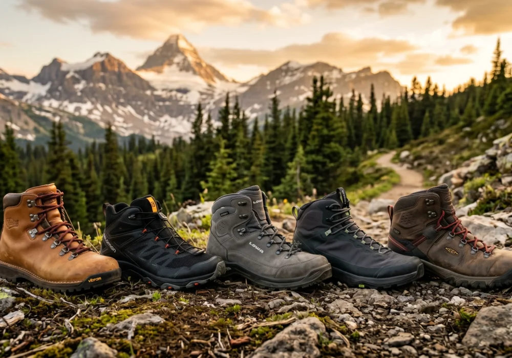 Five men's best hiking boots lined up side by side on a rocky alpine trail at sunset, with snow-capped mountain peaks, pine forest, and golden evening light in the background.