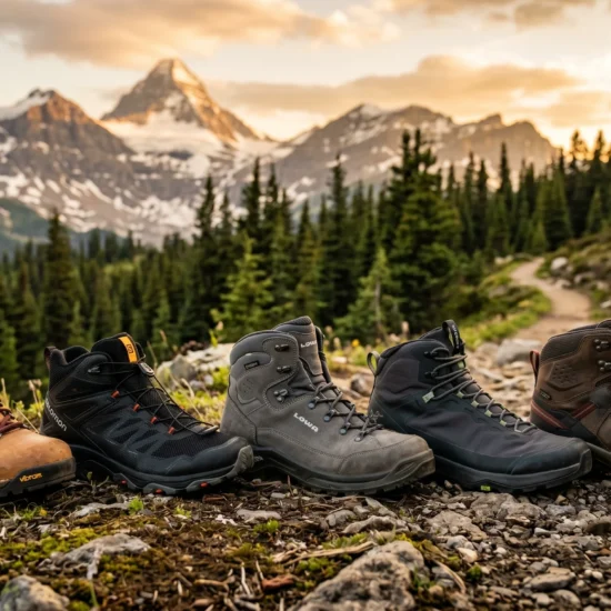 Five men's best hiking boots lined up side by side on a rocky alpine trail at sunset, with snow-capped mountain peaks, pine forest, and golden evening light in the background.