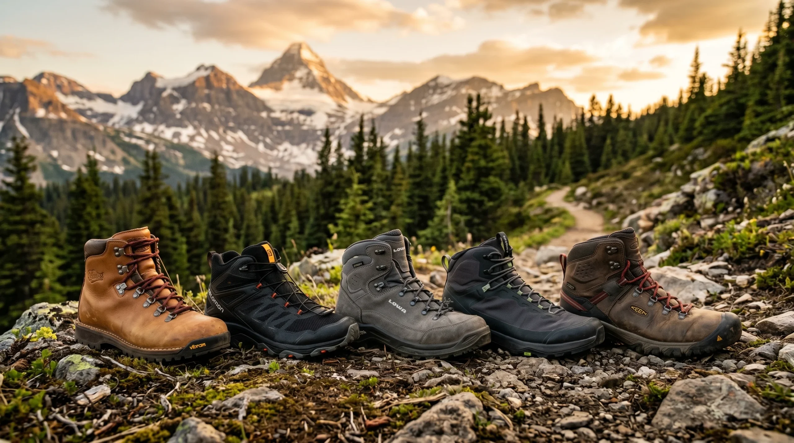 Five men's best hiking boots lined up side by side on a rocky alpine trail at sunset, with snow-capped mountain peaks, pine forest, and golden evening light in the background.