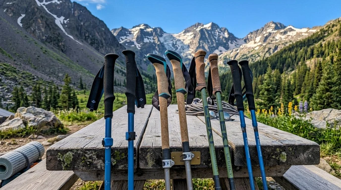 Multiple best hiking poles including Black Diamond and Leki models with foam and cork grips leaning on a wooden picnic table with a dramatic snow-capped mountain valley and wildflowers in the background
