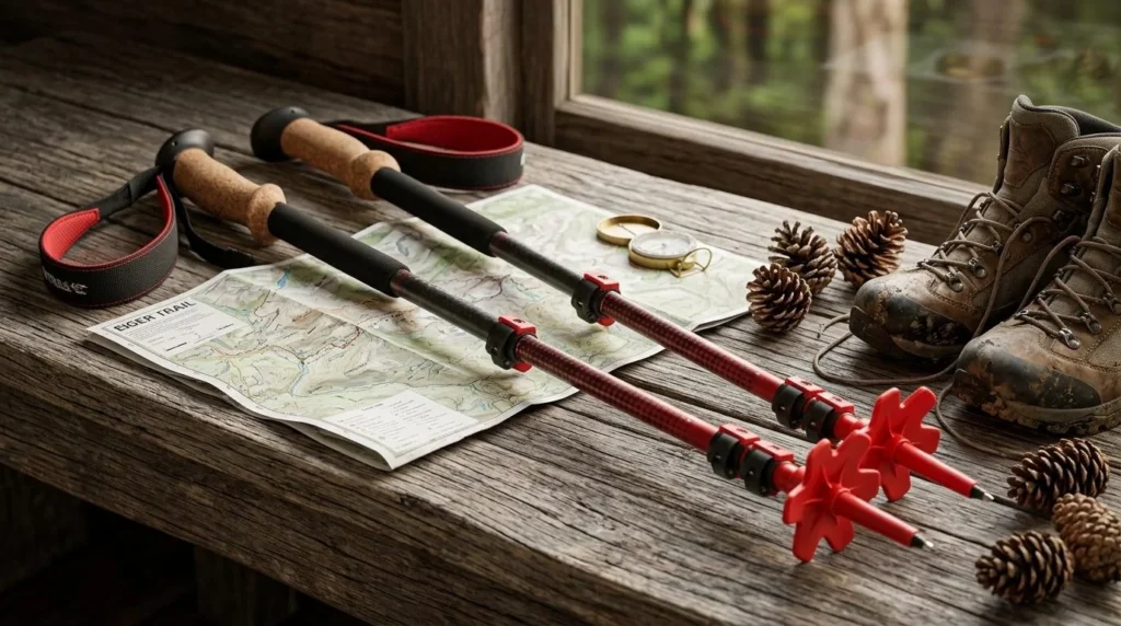 Close-up of Black Diamond Pursuit hiking poles with natural cork grips and thick padded wrist straps on a rustic wooden surface with pine cones and a trail map
