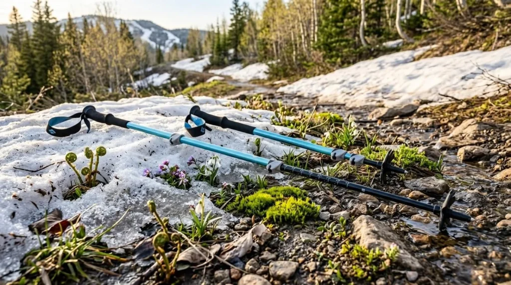 Two rugged Black Diamond Trail Back aluminum hiking poles with rubber grips leaning against a mossy boulder next to a heavy loaded backpack on a muddy forest trail
