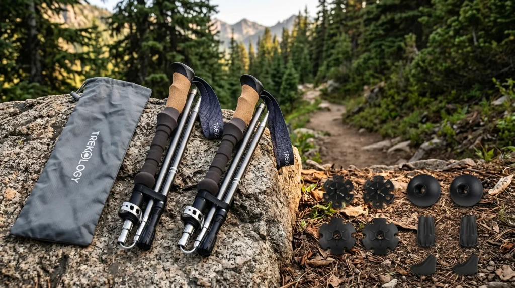 Compact folded budget hiking poles stored inside an open daypack next to a water bottle and snacks at a sunny forest trailhead