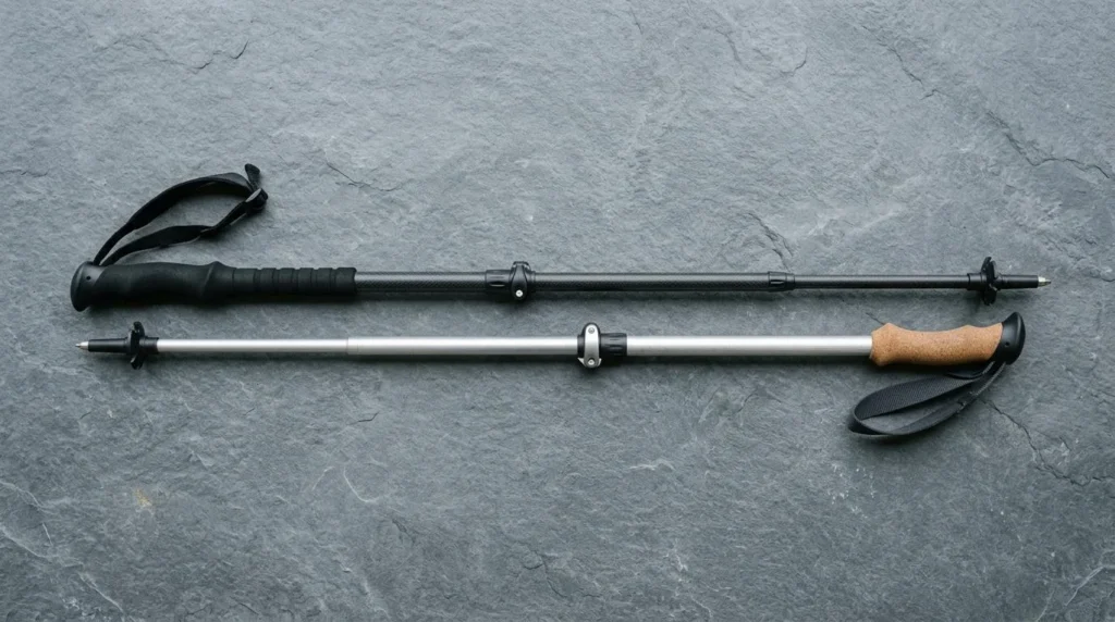 A horizontal flat lay comparison of two best hiking poles on a gray slate surface: a dark carbon fiber pole with a black EVA foam grip on top, and a silver aluminum pole with an ergonomic cork grip on the bottom