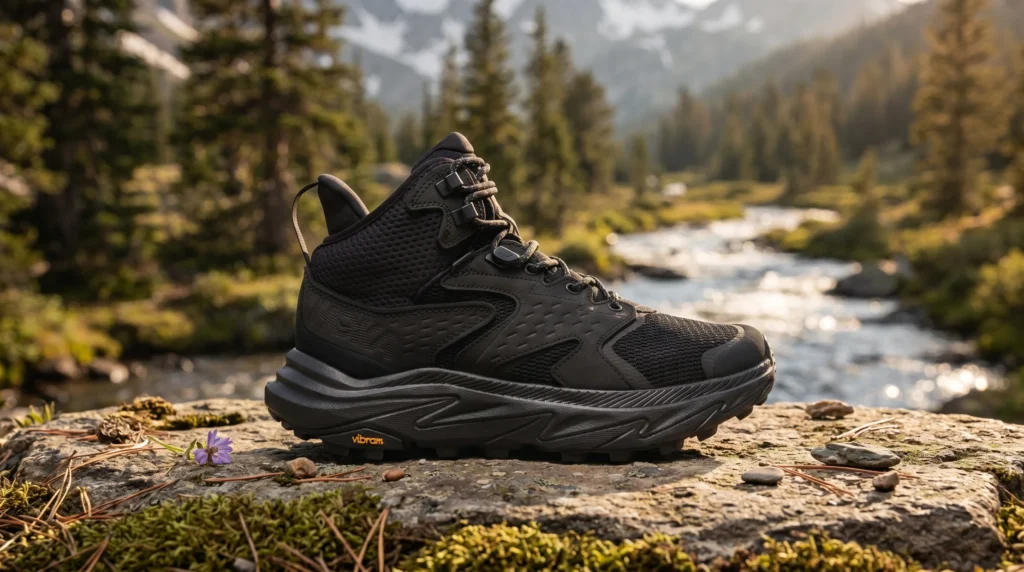 Best men's hiking boots. Black HOKA hiking boot standing on a rocky riverbank beside a mountain stream, with pine trees, wildflowers, and soft alpine light in the background.