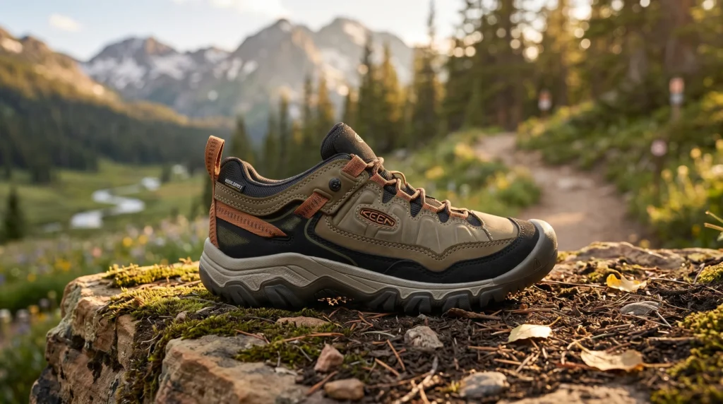 Best Men's Hiking Boots. Tan and black KEEN hiking boot resting on a mossy rock beside a mountain trail, with pine trees, wildflowers, and sunlit peaks in the background.