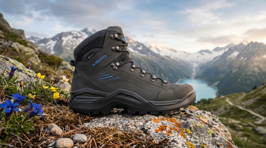 Best men's hiking boots. Gray LOWA hiking boot standing on a rocky alpine ridge with wildflowers, a turquoise lake, and snow-covered mountains in the background.