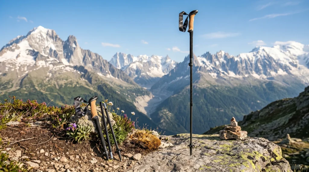 One fully extended and one collapsed LEKI trekking pole with cork grips positioned on a rocky alpine ridge, surrounded by small wildflowers with a vast snow-capped mountain range and a deep valley in the background