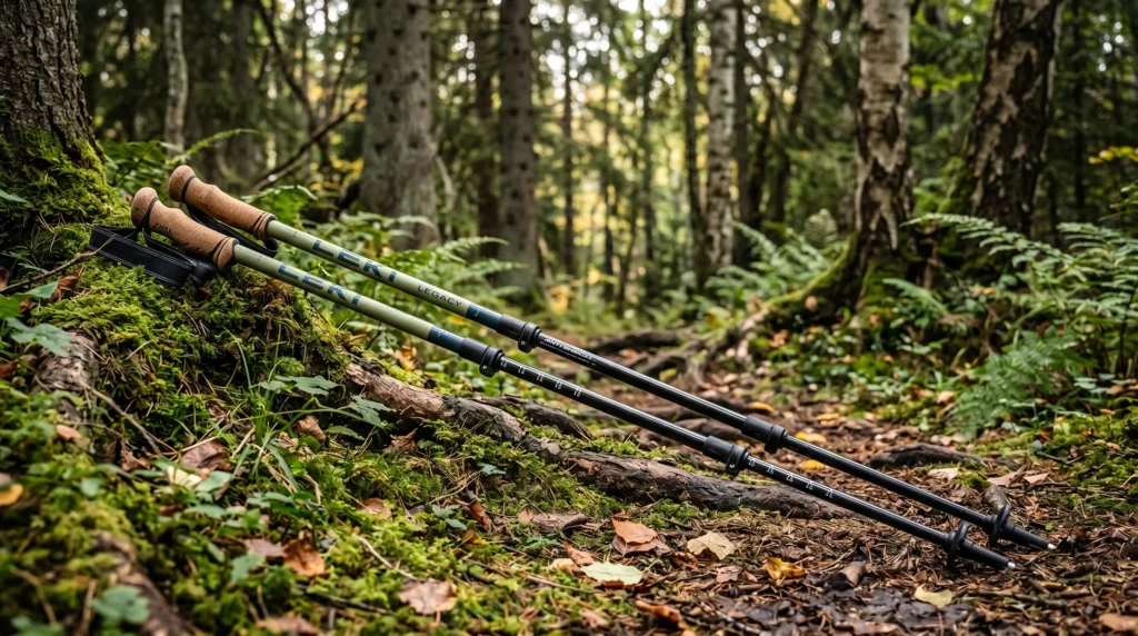Leki Legacy Lite aluminum hiking poles with cork composite grips and Speed Lock levers being used on a warm desert canyon trail with red sandstone walls in the background