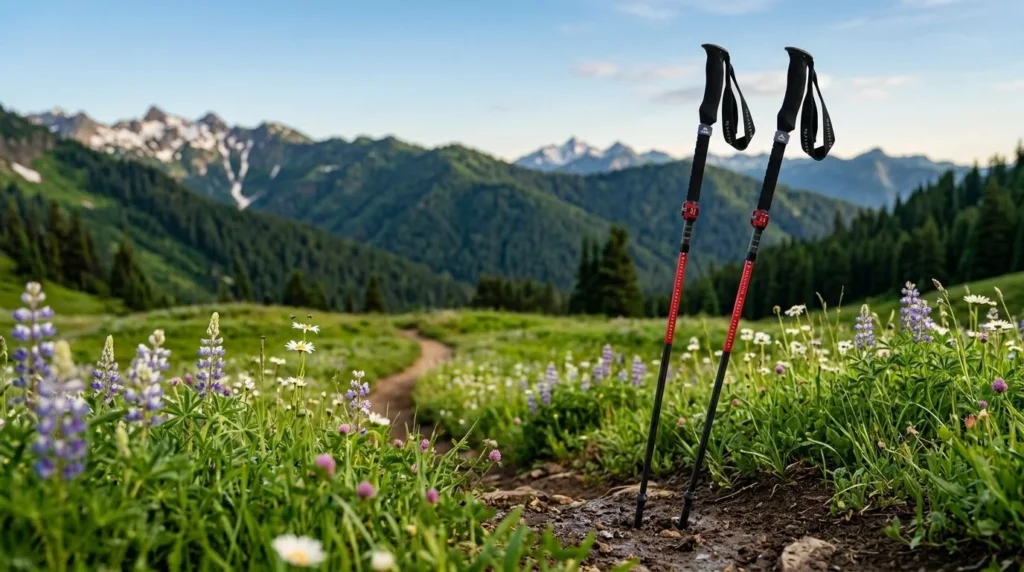 Two MSR DynaLock Ascent Carbon hiking poles folded to compact size placed beside an open hiking backpack on rocky alpine terrain with mountain scenery in background