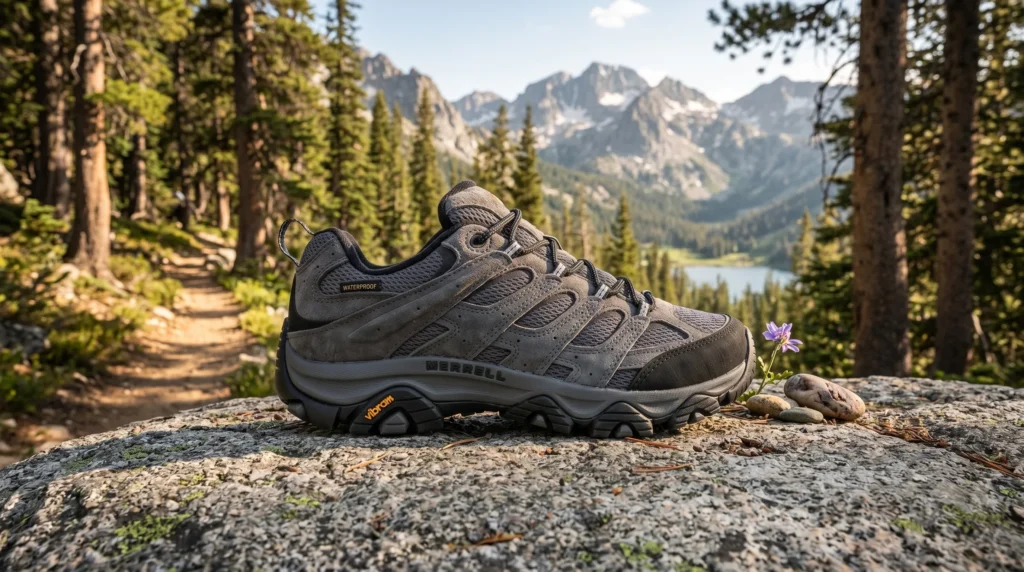 Best men's hiking boots. Gray Merrell hiking boot resting on a rocky forest trail with pine trees, a mountain lake, and sunlit alpine peaks in the background.