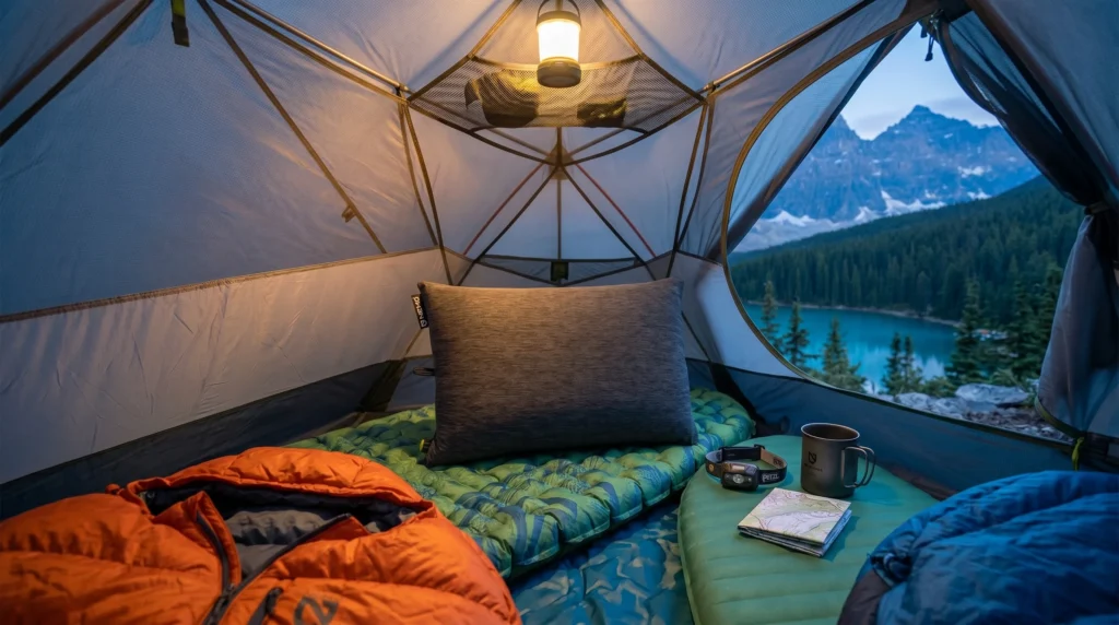 A dark grey NEMO camping pillow resting on a green sleeping pad inside a tent at dusk, surrounded by an orange sleeping bag and map, demonstrating one of the best camping pillows for a premium sleep system.
