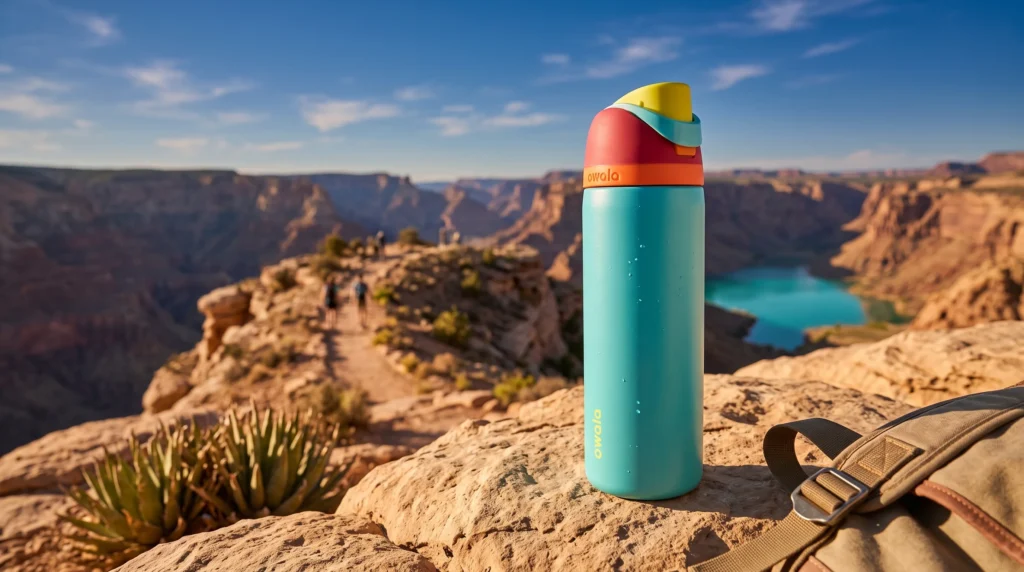 A teal and colorful Owala stainless steel water bottle covered in condensation, resting on a rock overlooking a deep canyon and turquoise river.