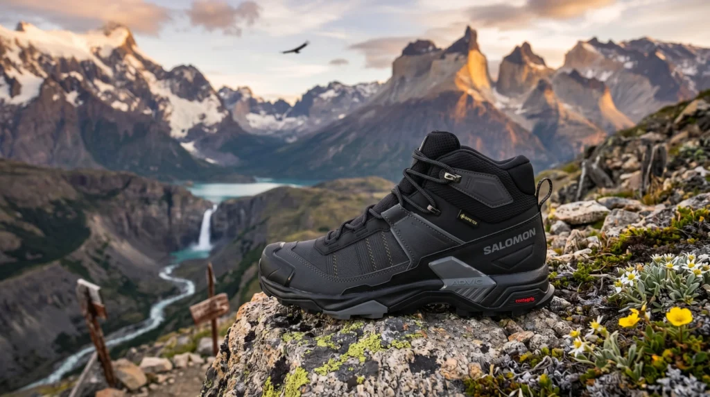 Best Men's Hiking Boots. Black Salomon hiking boot standing on a rocky mountain ridge with dramatic alpine peaks, a waterfall valley, and warm sunset light in the background.
