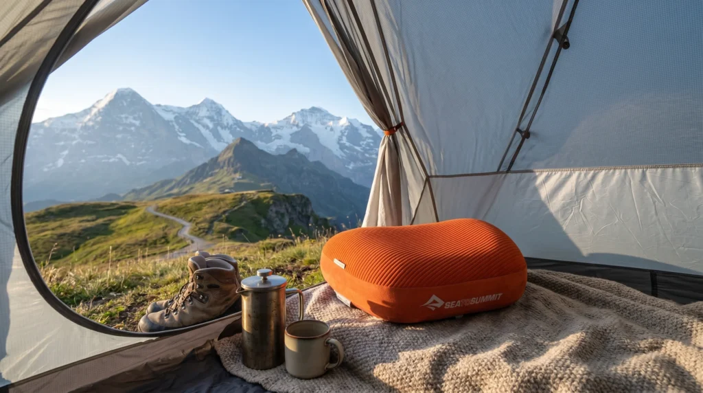 An orange Sea to Summit camping pillow resting on a blanket inside a tent, with hiking boots and coffee overlooking snow-capped mountains, showcasing one of the best camping pillows for backcountry sleep systems.