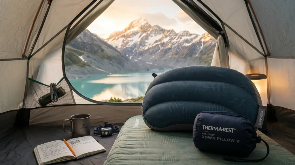 A blue Therm-a-Rest Air Head Down camping pillow and its stuff sack resting on a sleeping pad inside a tent with a stunning mountain lake view, highlighting one of the best camping pillows for down-filled comfort.