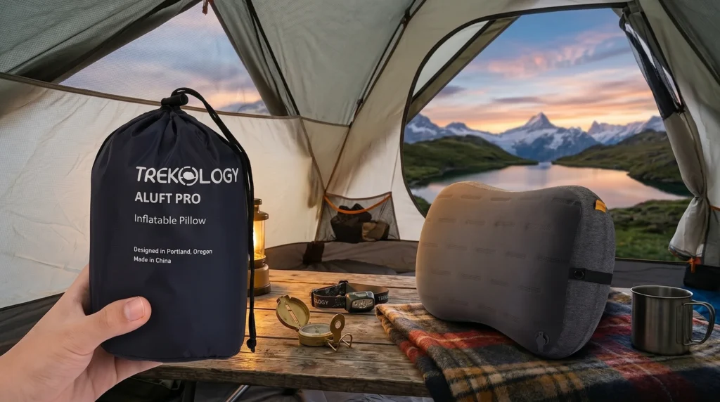 A hand holding a packed Trekology Aluft Pro stuff sack next to the inflated grey pillow on a wooden camp table inside a tent, highlighting one of the best camping pillows for compact packing.