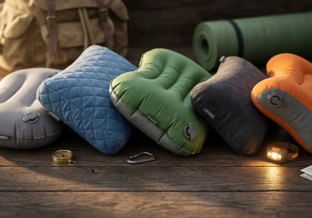 A lineup of five different styles of the best camping pillows, including ultralight inflatable and quilted memory foam models, arranged on a rustic wooden board alongside outdoor gear.