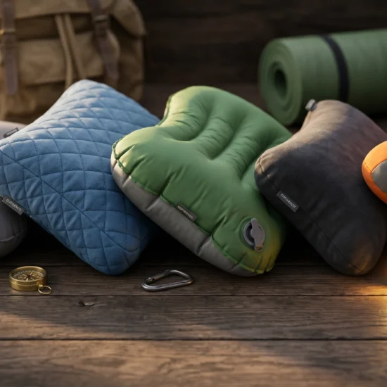 A lineup of five different styles of the best camping pillows, including ultralight inflatable and quilted memory foam models, arranged on a rustic wooden board alongside outdoor gear.
